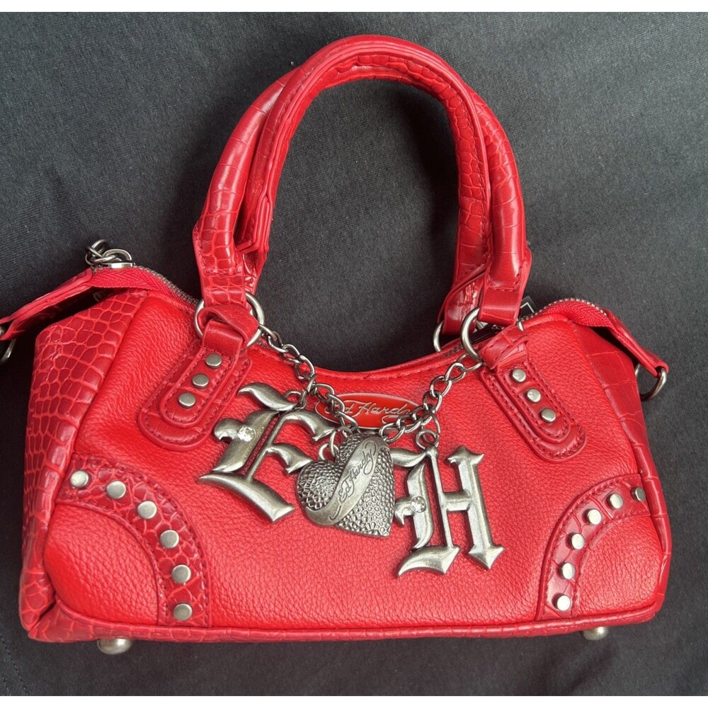 Ed Hardy small satchel red Goth punk Y2K studded